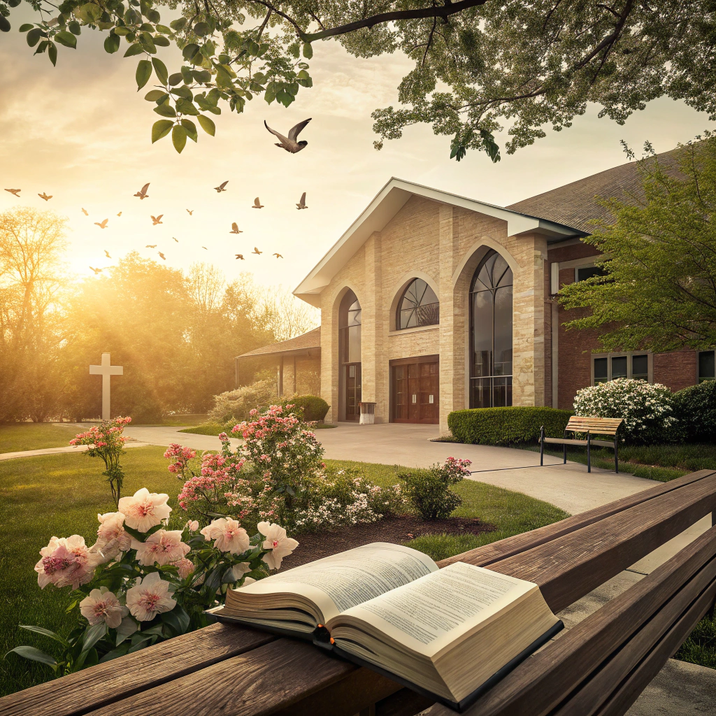 Create a warm and inviting church website image that reflects the essence of a community-focused place. Incorporate elements that symbolize worship, connection, and support without any human figures. Use a harmonious color palette that complements a soft, welcoming atmosphere. Include symbols like an open Bible, a serene church building, and nature elements to illustrate the themes of faith and togetherness.
Do not include any text, writing, numbers, letters, symbols, logos, or anything that looks like text. The image must be completely free of typographic elements or text-like decorations.
